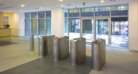 Lobby entrance with turnstile in a business center building